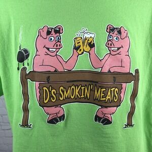 Vintage Shirt Adult Large Green Novelty Funny BBQ Pigs Graphic Tee Smokin' Meats